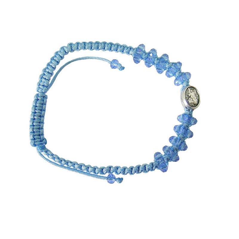 Pulsera cuerda San Miguel y Angel Guarda azul celeste con decena cristal